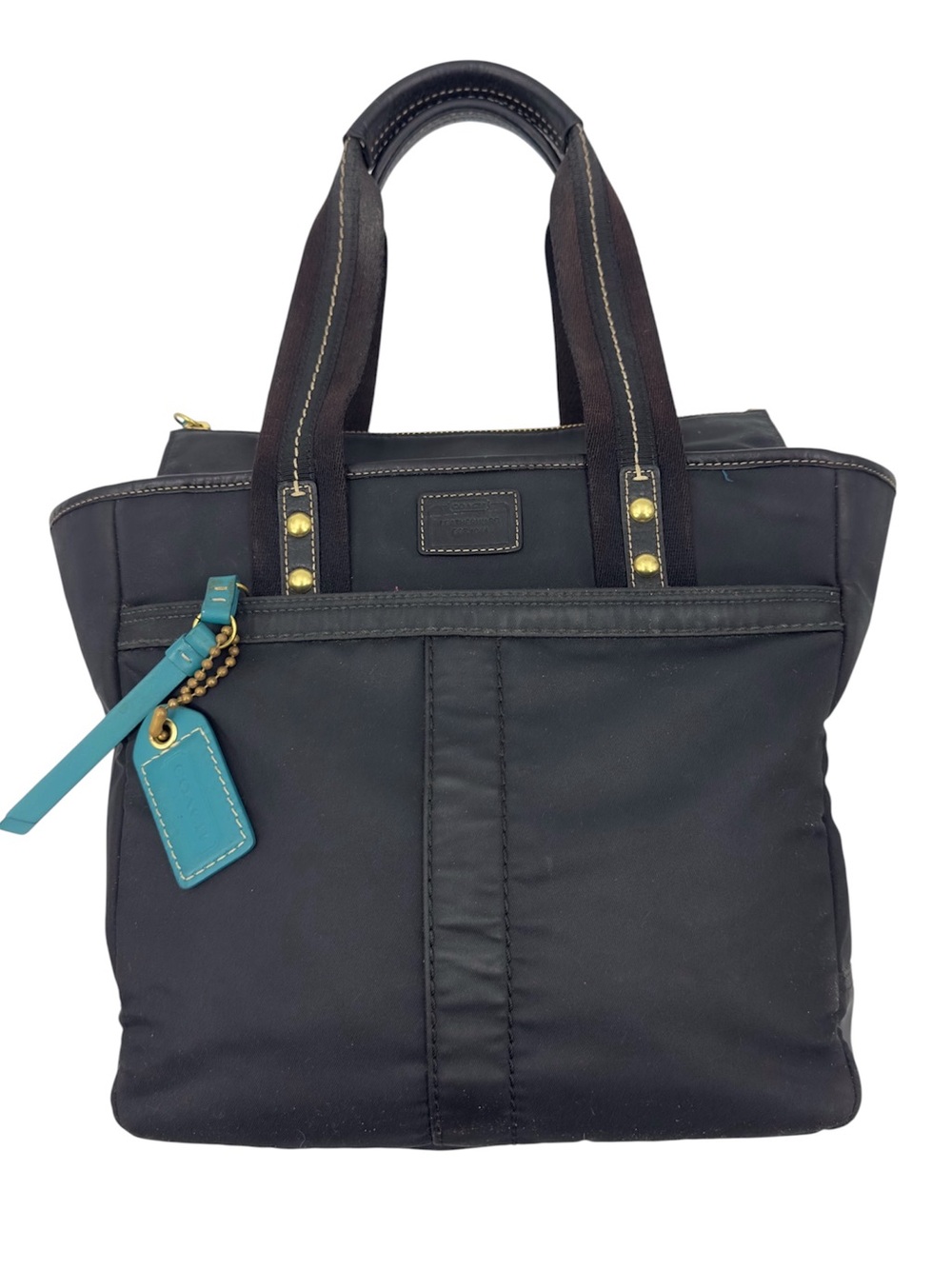 Vintage Coach Nylon Hampton Tote Bag Y2K Purse Black Teal Leather Trim F10695